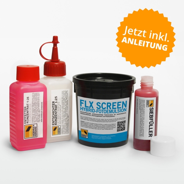 Siebchemie-Set 4tlg. Emulsion, Entfetter, Entschichter, Siebfüller inkl. Anleitung